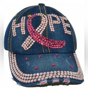 NWT Distressed Denim w/Pink Bling HOPE Breast Cancer Awareness Ribbon Cap Hat